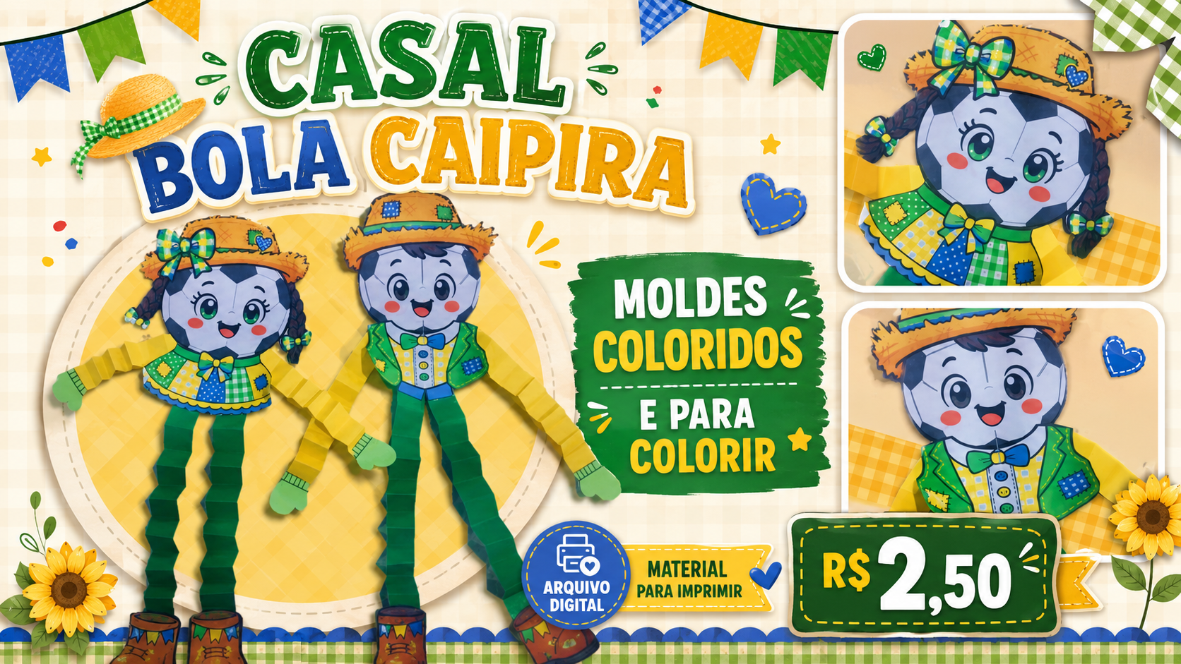 🏆🌽 CASAL BOLA CAIPIRA – MOLDES COLORIDOS E PARA COLORIR! 🌽🏆