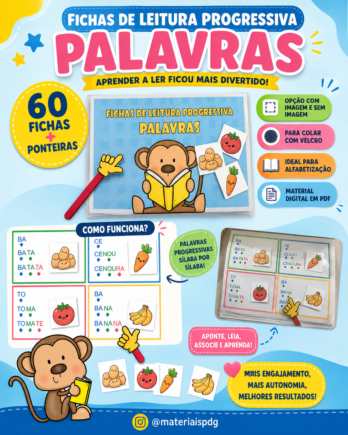 📚 Fichas de Leitura Progressiva de Palavras – 60 fichas + ponteiras