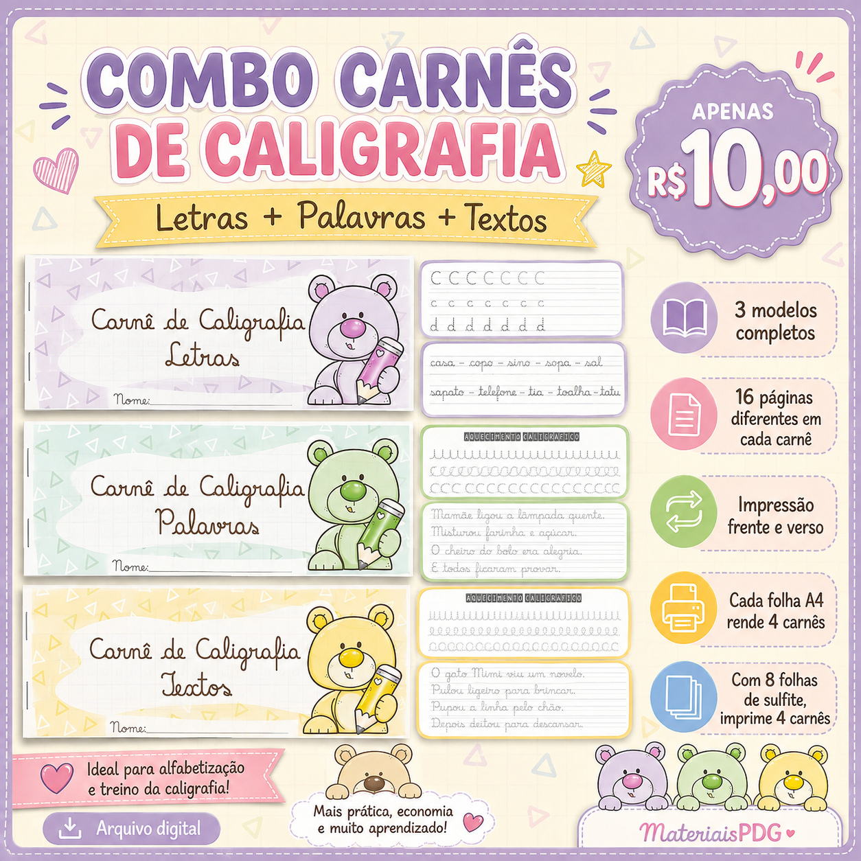 CARNÊ DE CALIGRAFIA – LETRAS, PALAVRAS E TEXTO