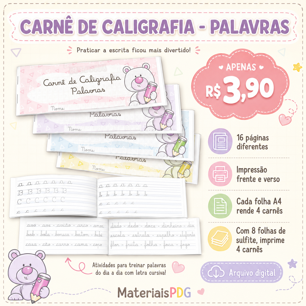 CARNÊ DE CALIGRAFIA - LETRAS, PALAVRAS E TEXTO - Imagem 3